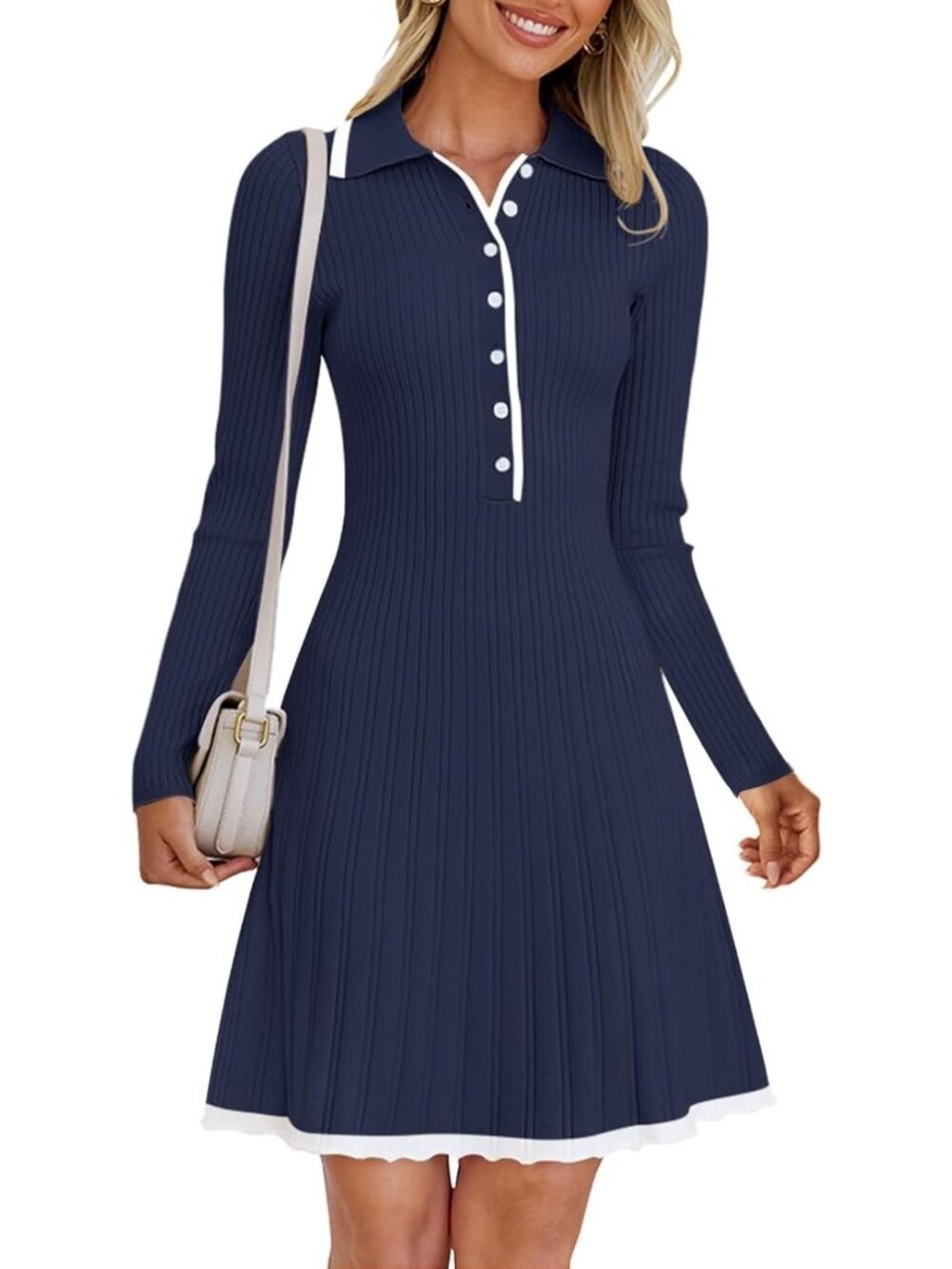Chic Women's Fall Long Sleeve Pleated Knit Sweater Dress - Perfect for Work
